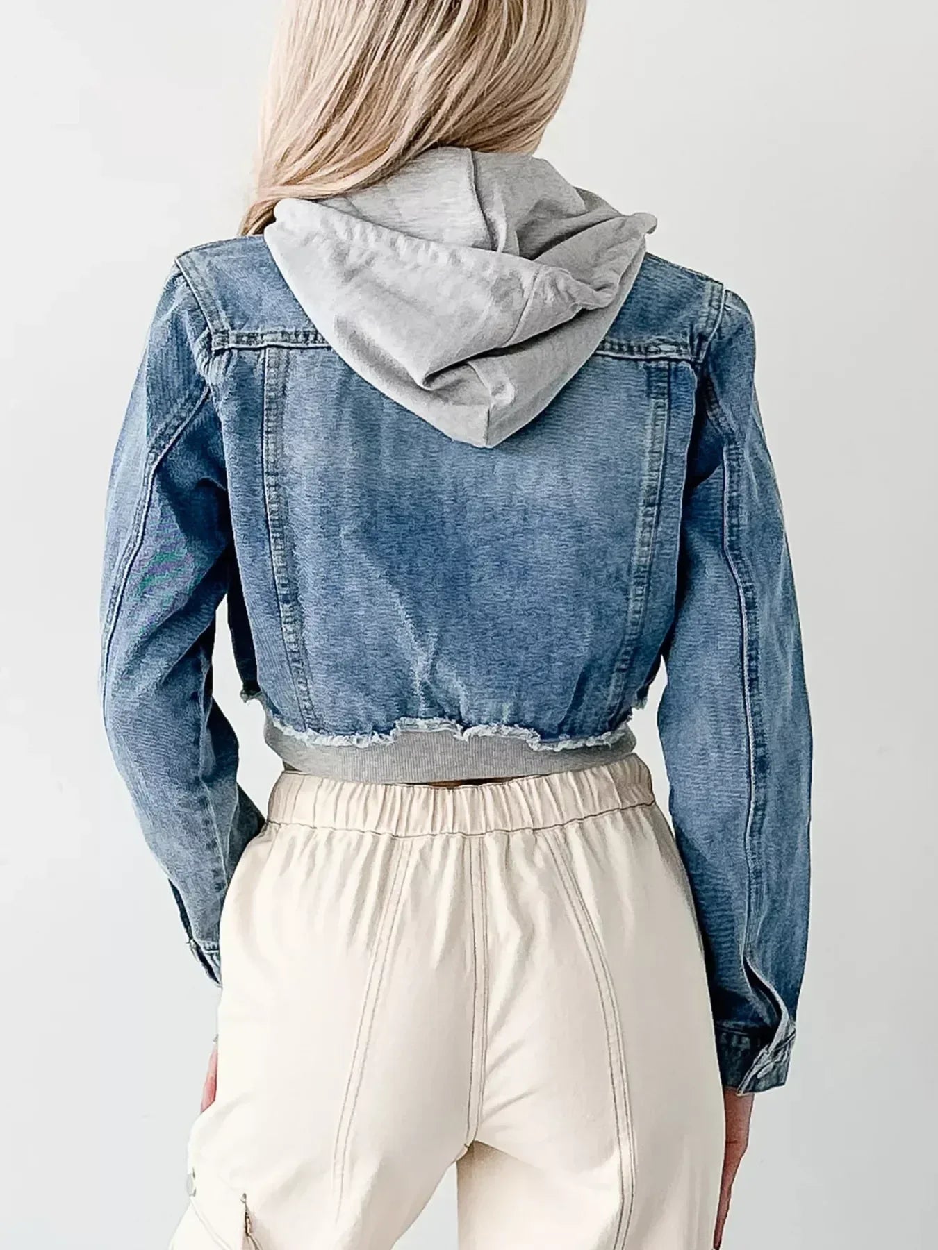 Distressed Zip Up Cropped Hooded Denim Jacket - DAVERRI FASHIONS