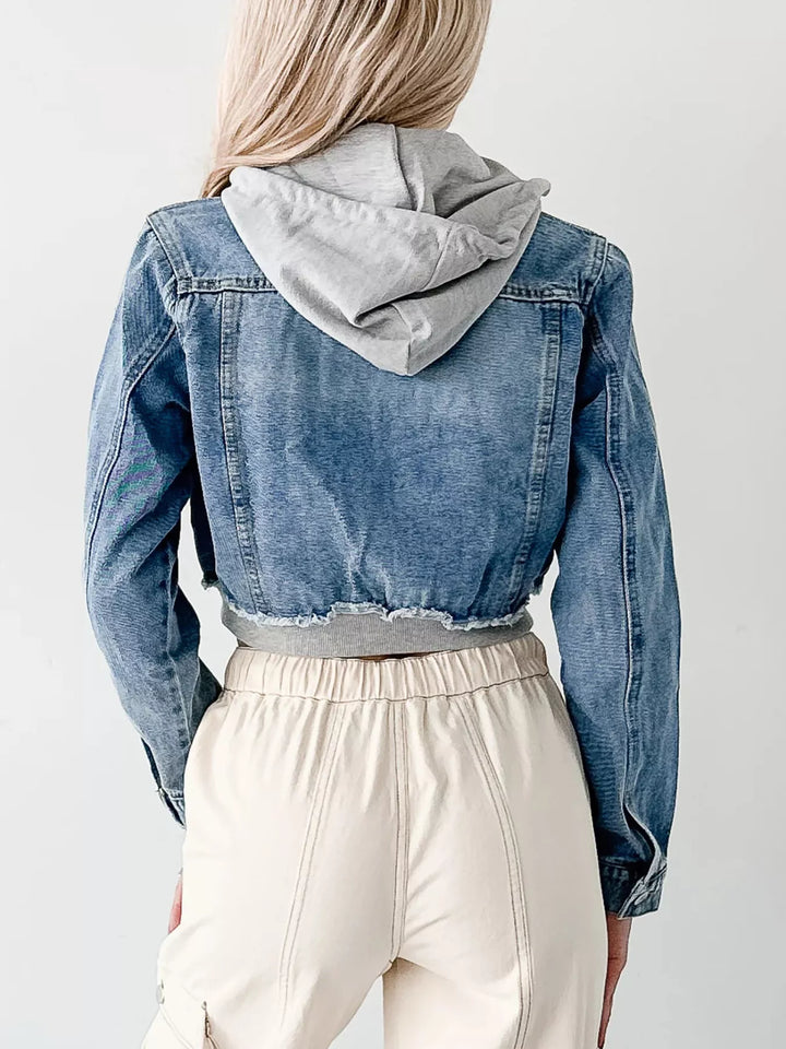 Distressed Zip Up Cropped Hooded Denim Jacket | Denim Jackets Daverri Fashions