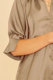 Annie Wear Satin V Neck Open Short Sleeve Woven Blouse Top | Tops Daverri Fashions