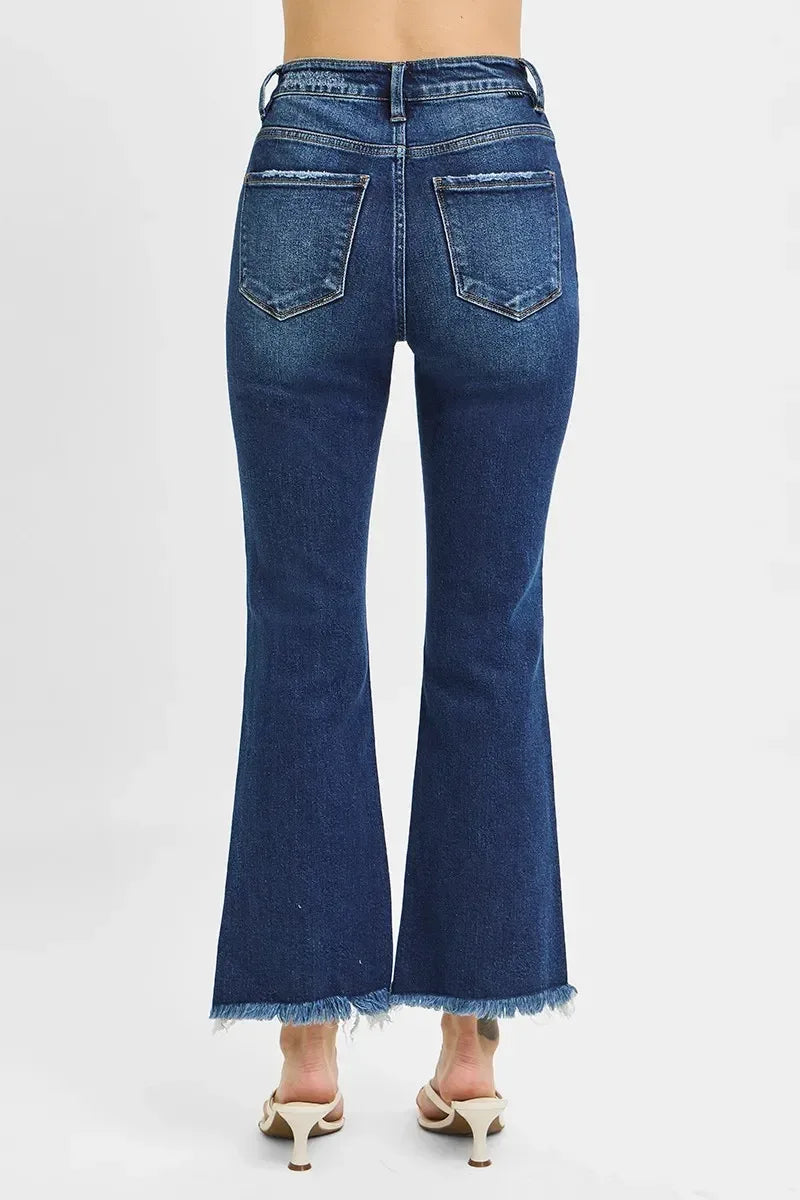 RISEN High Rise Crop Bootcut Fray Hem Jeans - DAVERRI FASHIONS