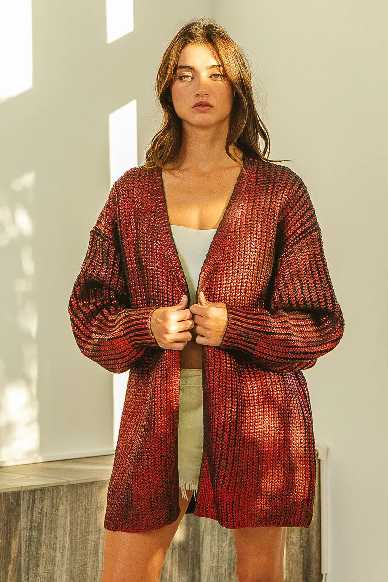 Cozy maroon BiBi metallic knit V-neck open-front cardigan