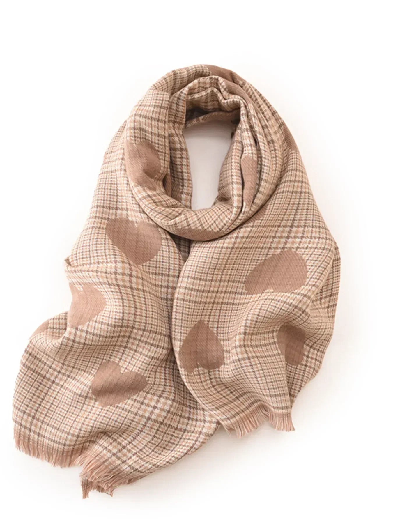 Heart Pattern Plaid Raw Hem Scarf - DAVERRI FASHIONS