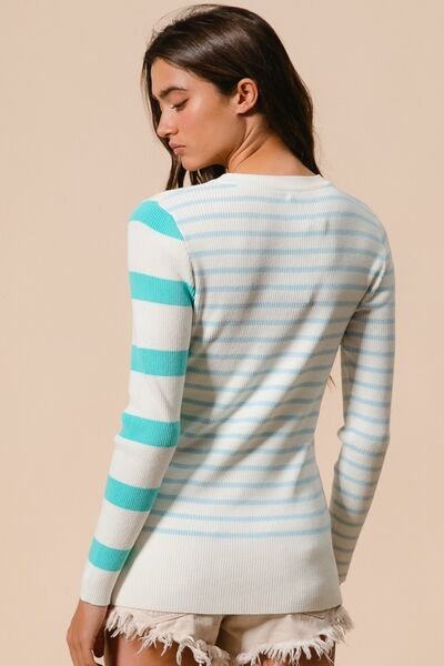 BiBi Contrast Striped Asymmetrical Hem Knit Top Tops