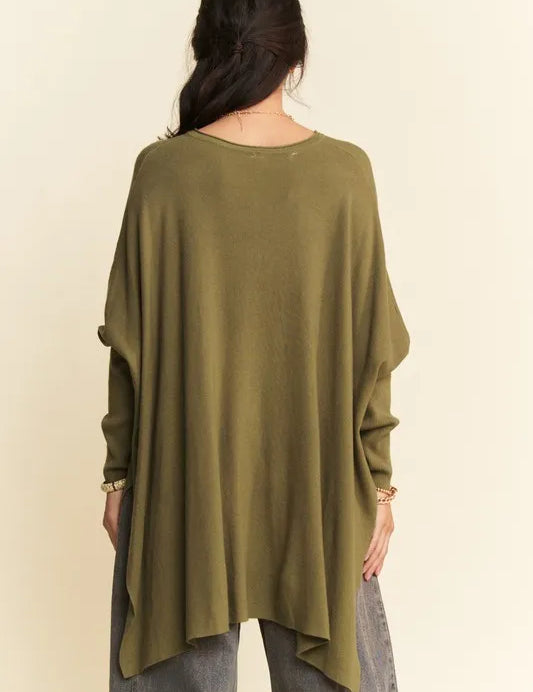 Davi & Dani High-Low Side Slit Batwing Sleeve Top | Knit Tops Daverri Fashions