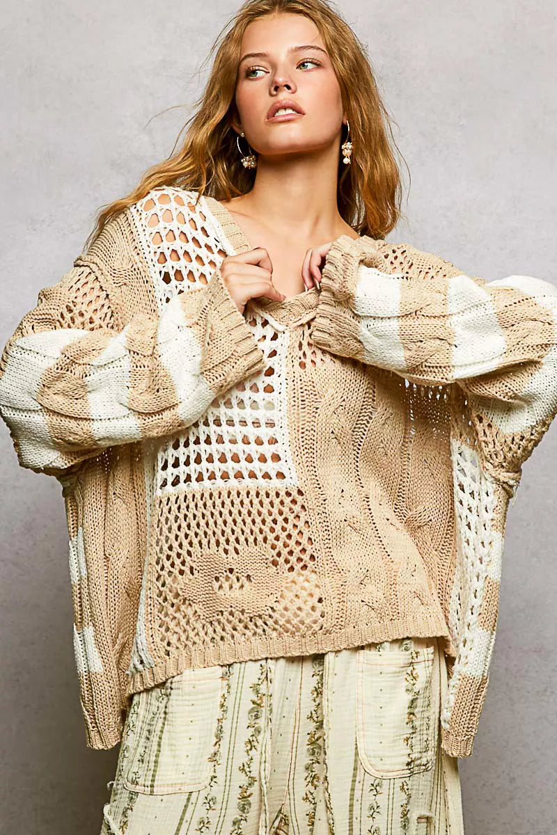 Beige and cream POL color-blocked knit sweater with twisted weave