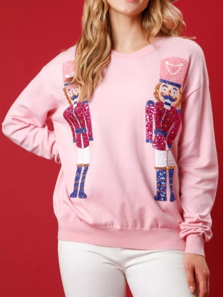 Pink Christmas Sequin Nutcracker Dropped Shoulder Sweatshirt | Sweatshirts Daverri Fashions