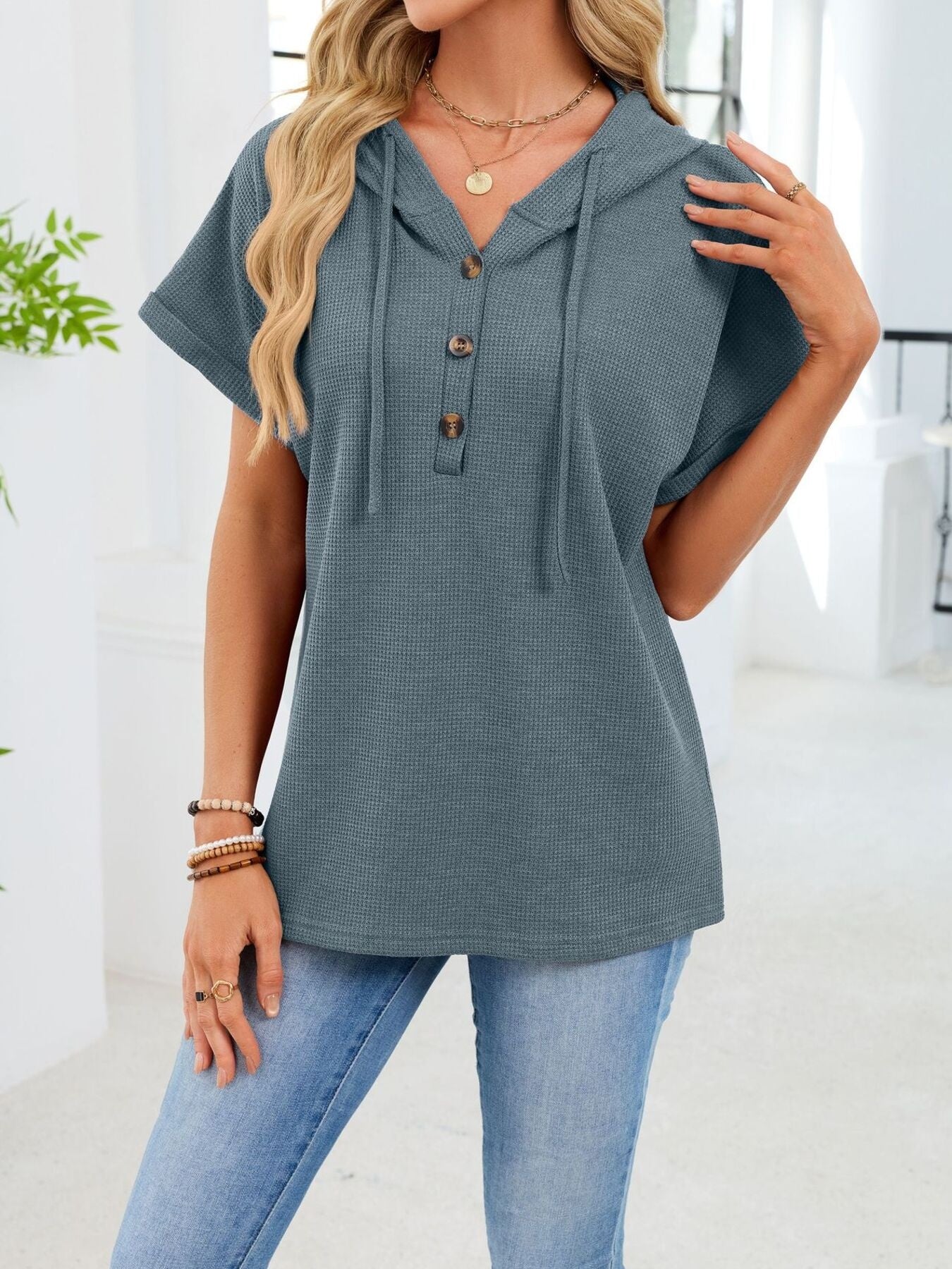 Daverri casual waffle knit button detail hooded top in soft slate blue