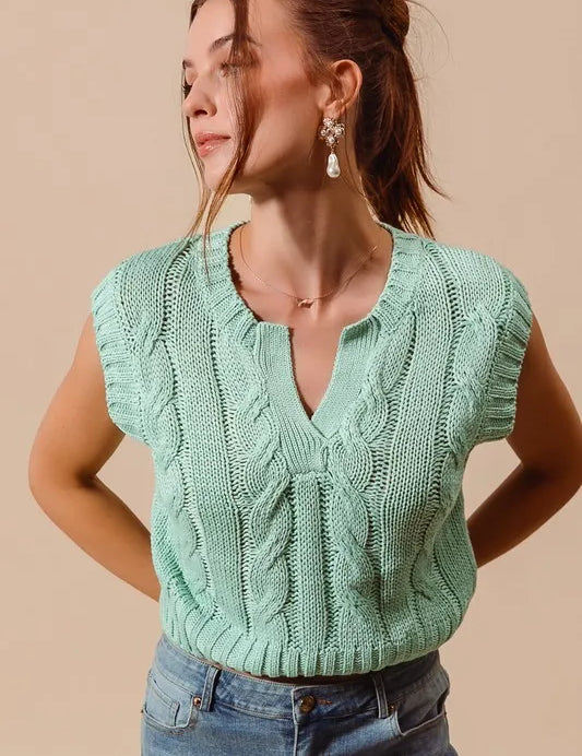 SO ME Notched Neck Cable Knit Sweater Vest | Sweaters Daverri Fashions