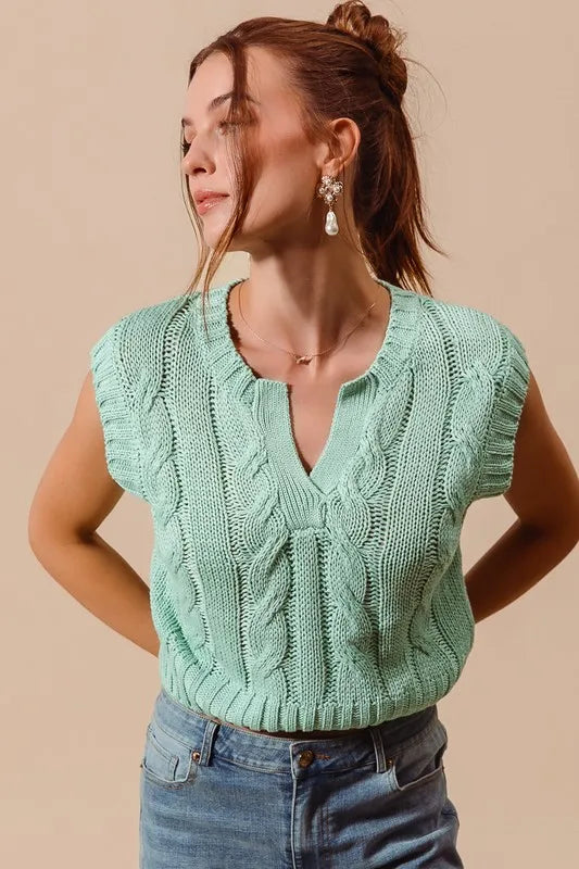 SO ME Notched Neck Cable Knit Sweater Vest