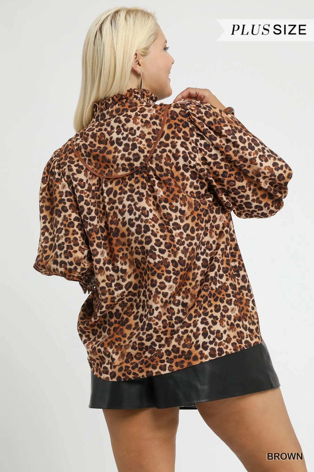 Umgee Full Size Leopard Print Ruffle Neck Blouse Plus Size Blouses