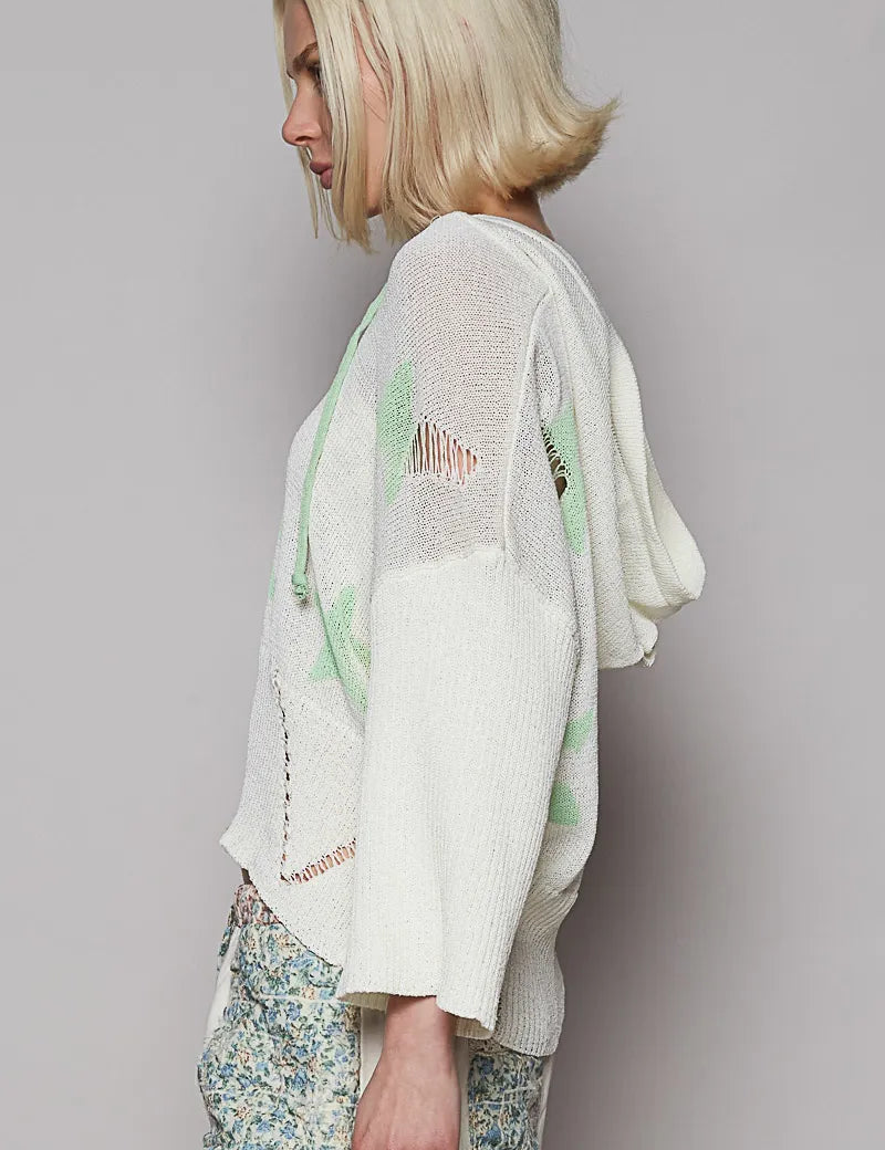 POL Distressed Lace-Up Star Pattern Hooded Hooded Sweater | Sweaters Daverri Fashions