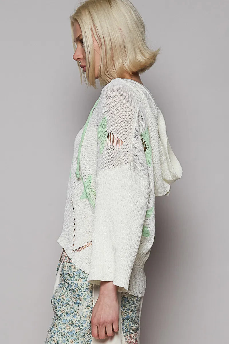 POL Distressed Lace-Up Star Pattern Hooded Hooded Sweater Sweaters