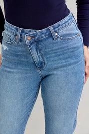 Judy Blue High Waist Bf Criss-cross Mild Destroy Jeans with Single Cuff | Daverri Fashions