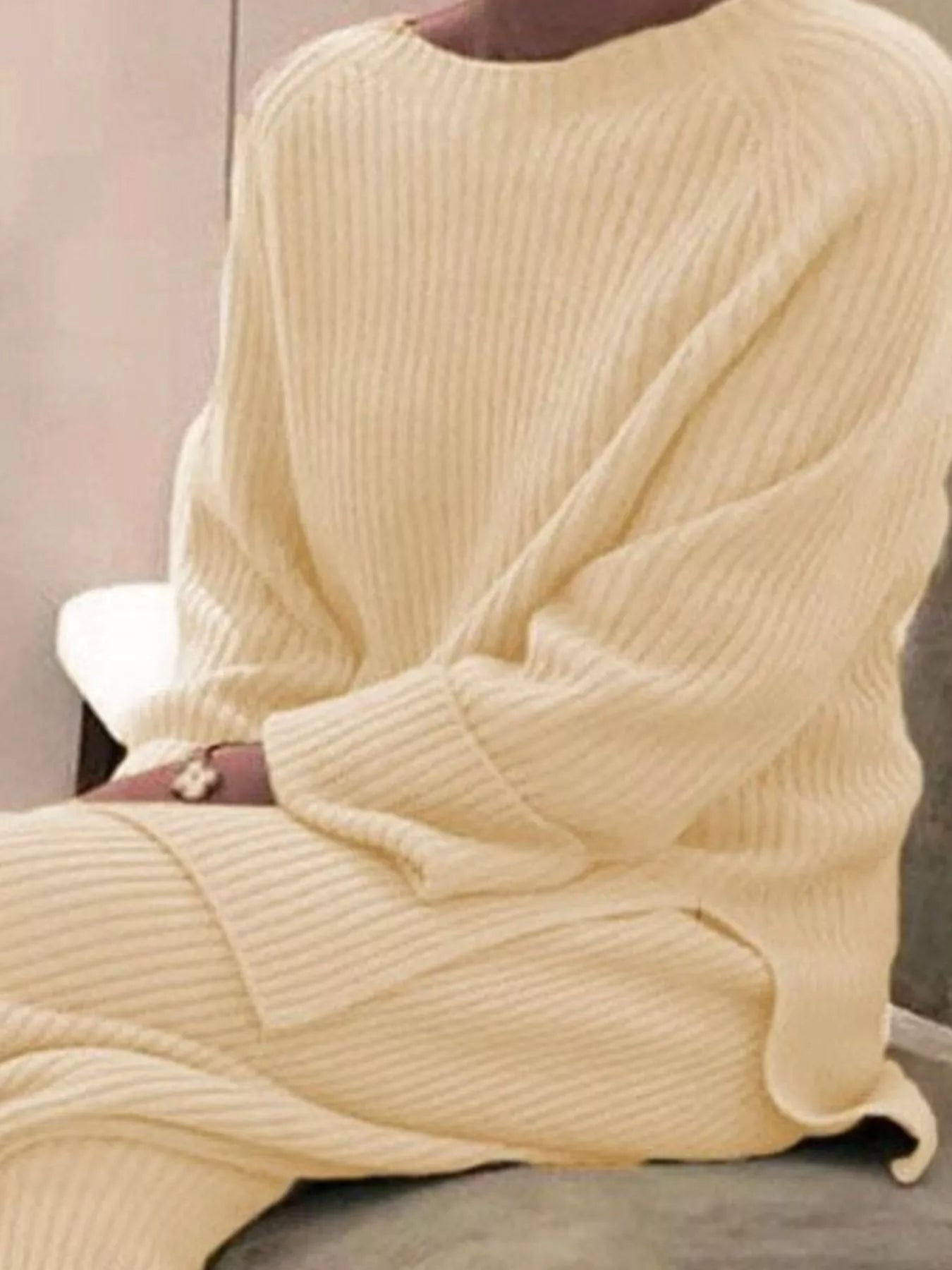 Cream-colored ribbed knit plus size loungewear set