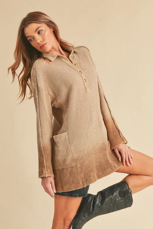 Aemi+Co Waffle-Knit Frayed Hem Button Detail Top