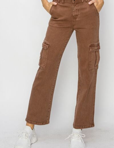 Risen Full Size High Rise Cargo Jeans Espresso