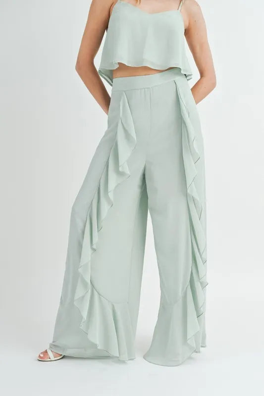 MABLE Crop Cami and Ruffled Wide Leg Pants Set Outfit Sets