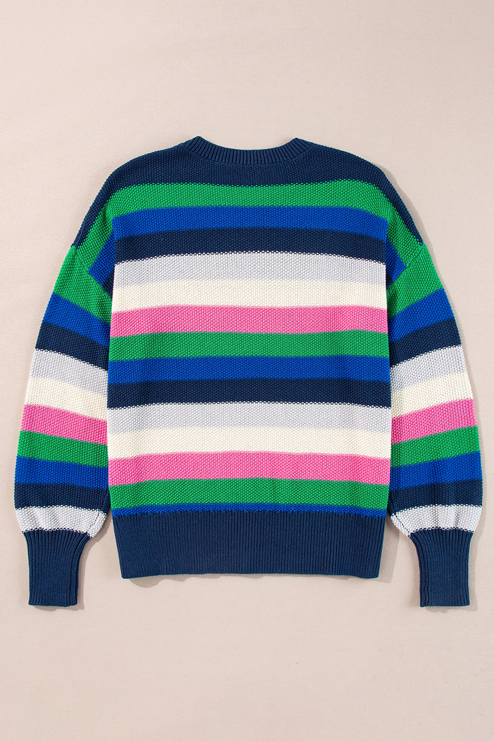 Rainbow Striped Crew Neck Drop Shoulder Sweater | Sweaters Daverri Fashions