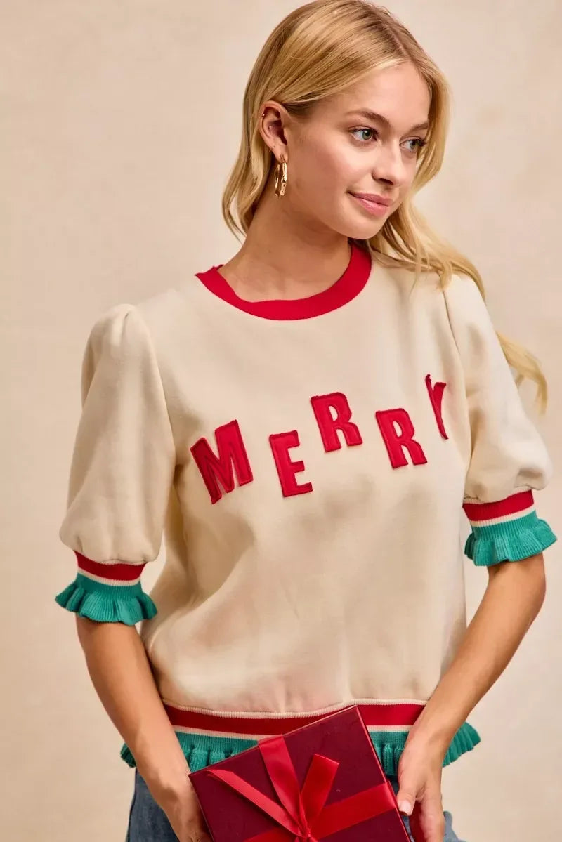 BiBi Christmas Merry Letter Patches Contrast Banded Top - DAVERRI FASHIONS