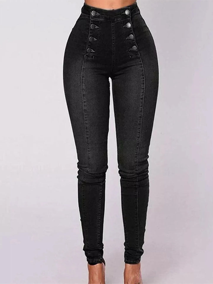 Black Full Size High-Waisted Double-Breasted Skinny Jeans Plus Size | Jeans Daverri Fashions