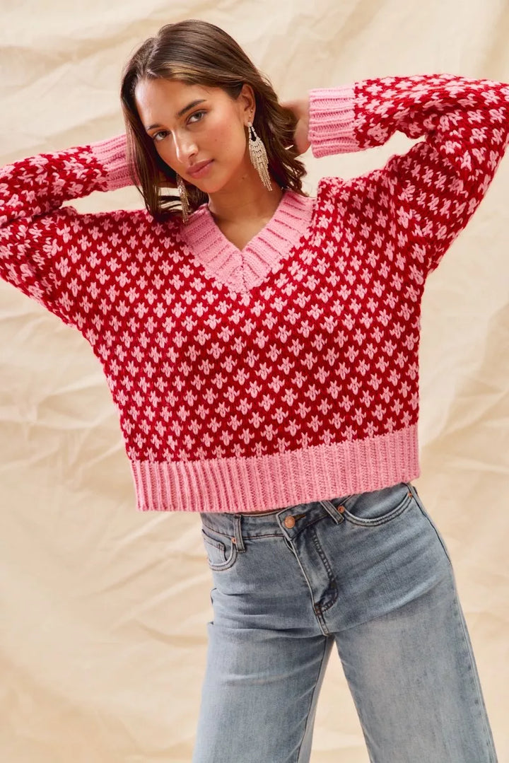 SO ME Color Block Textured Christmas Sweater V Neck Top | Sweaters Daverri Fashions