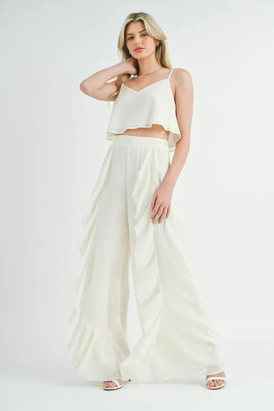 MABLE Crop Cami and Ruffled Wide Leg Pants Set Cream Outfit Sets
