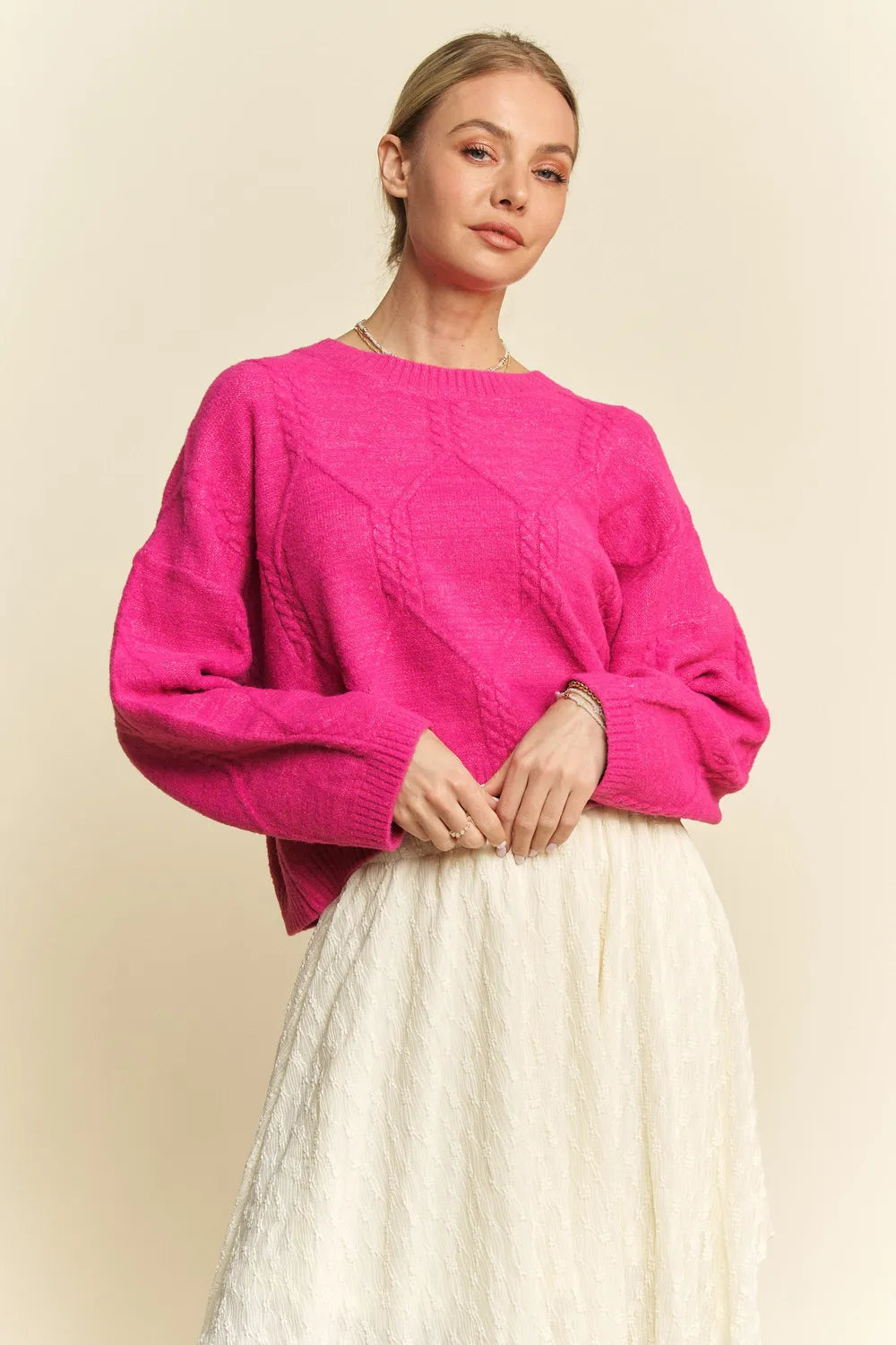 Davi & Dani Diamond Cable Pattern Drop Shoulder Sweater | Sweaters Daverri Fashions