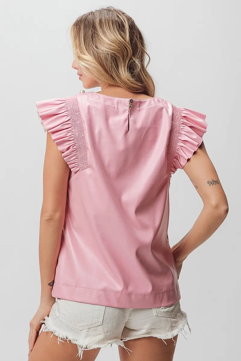 BiBi Leather Look Smocked Ruffled Top Tops