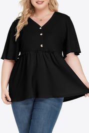 Plus size black peplum V-neck blouse with button detail and bell sleeves