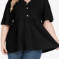 Plus Size Buttoned V-Neck Frill Trim Babydoll Blouse - DAVERRI FASHIONS