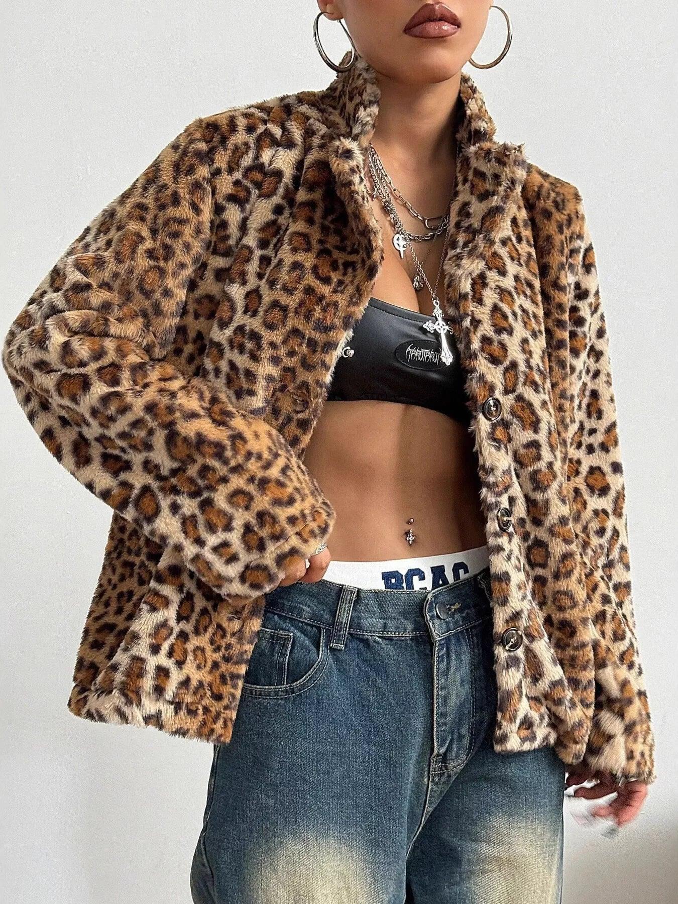 Leopard Button Up Faux Fur Jacket - DAVERRI FASHIONS