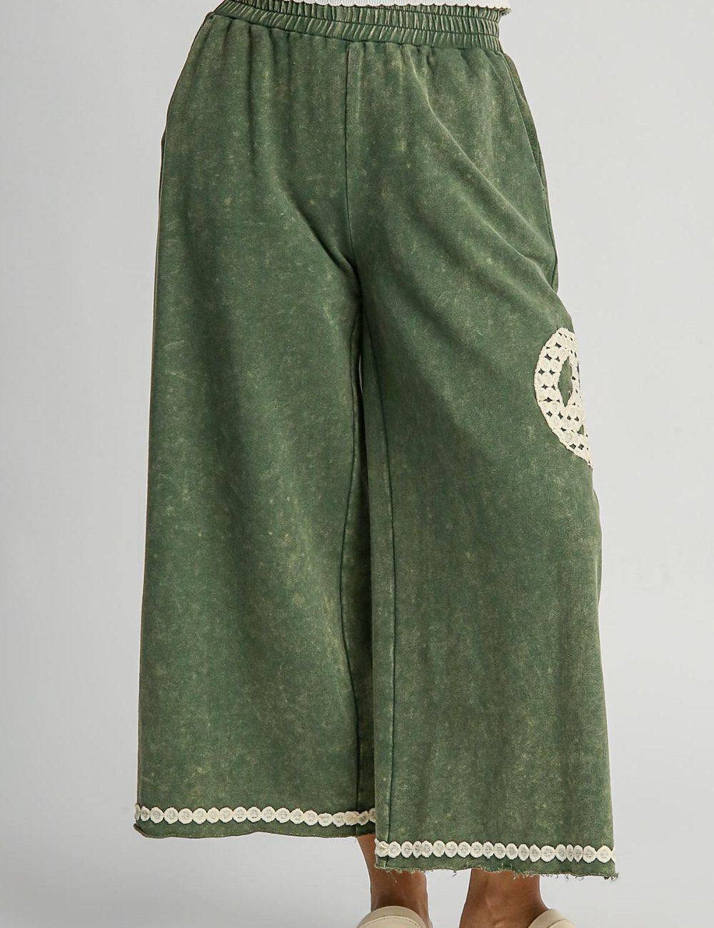 Moss 1XL Umgee Green Peace Lace Applique Mineral Wash Wide Leg Pants | Pants Daverri Fashions