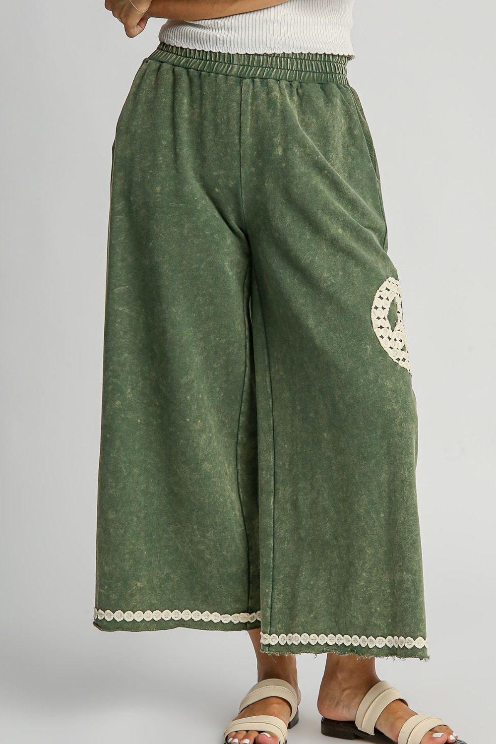 Umgee Green Peace Lace Applique Mineral Wash Wide Leg Pants Moss 1XL Pants