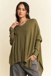 Olive Davi & Dani High-Low Side Slit Batwing Sleeve Top | Knit Tops Daverri Fashions