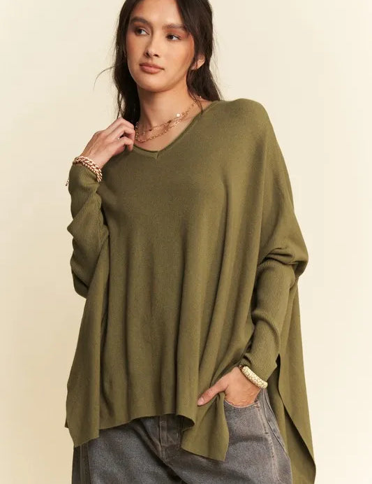 Olive Davi & Dani High-Low Side Slit Batwing Sleeve Top | Knit Tops Daverri Fashions