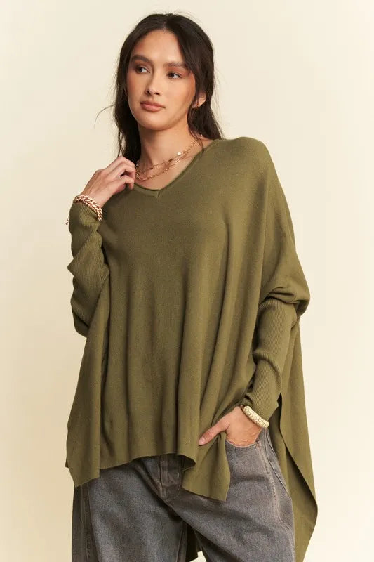Olive Davi & Dani High-Low Side Slit Batwing Sleeve Top | Knit Tops Daverri Fashions