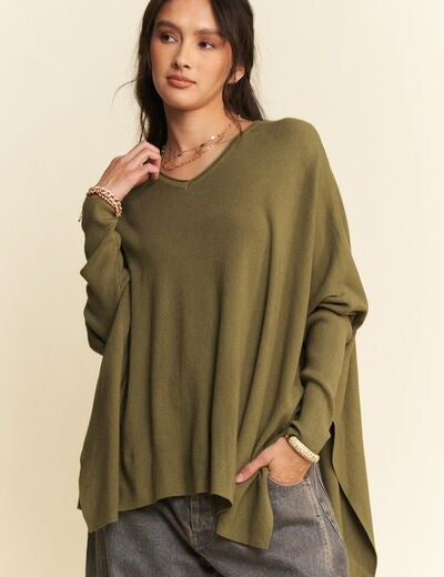 Davi & Dani High-Low Side Slit Batwing Sleeve Top Olive Tops