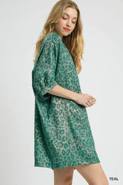 Umgee Metallic Leopard Print V-Neck Kimono Dress | Daverri Fashions
