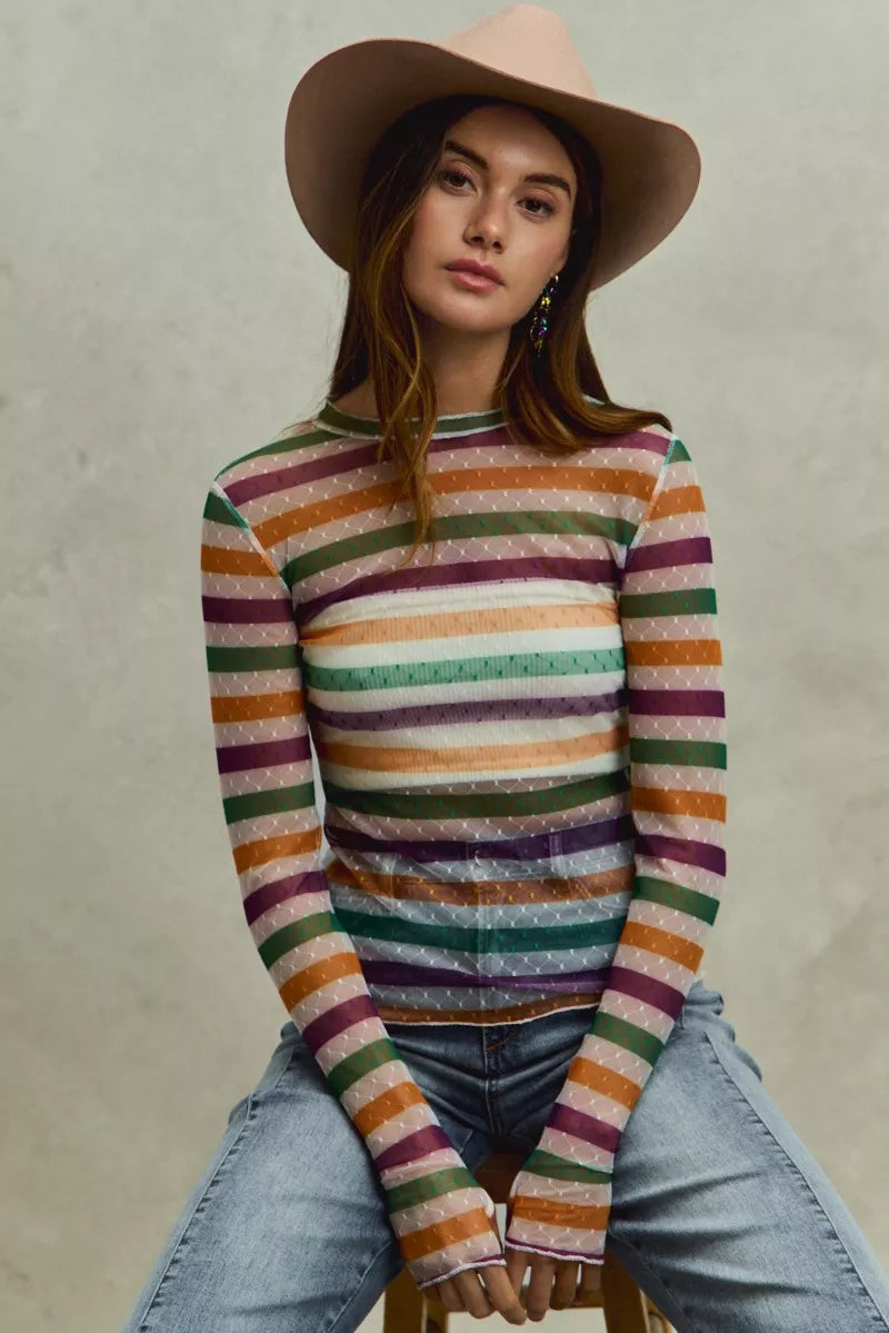 Woman in SO ME Mardi Gras Color Stripe Stretch Mesh Top