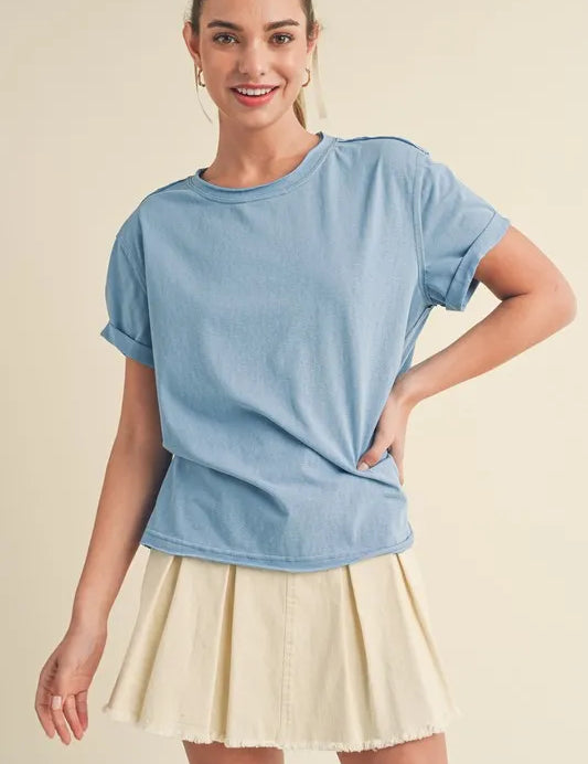 Ocean Aemi + Co Exposed Seam Round Neck Short Sleeve T-Shirt | Daverri Fashions