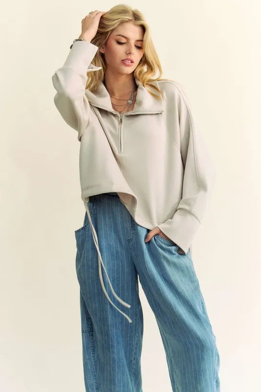 Davi & Dani Drawstring Hem Half Zip Raglan Sleeve Sweatshirt Sweatshirts