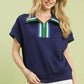 Umgee navy blue striped collared half-zip short-sleeve top