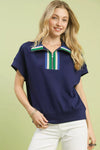 Umgee navy blue striped collared half-zip short-sleeve top