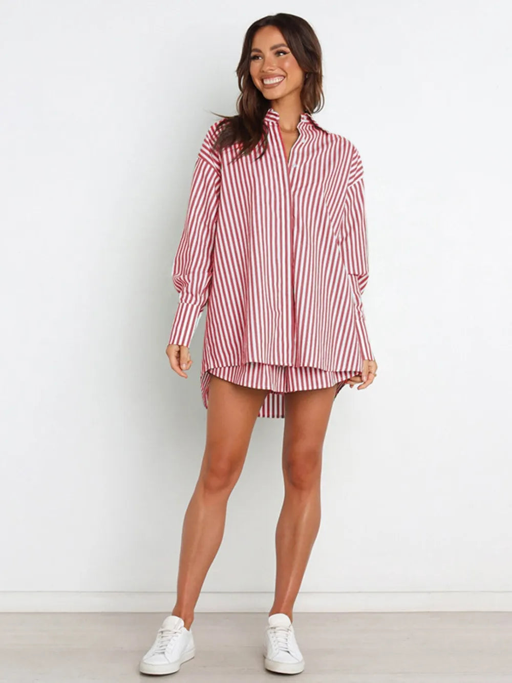 Red and white striped oversized button-down shirt dress with tiered hemline