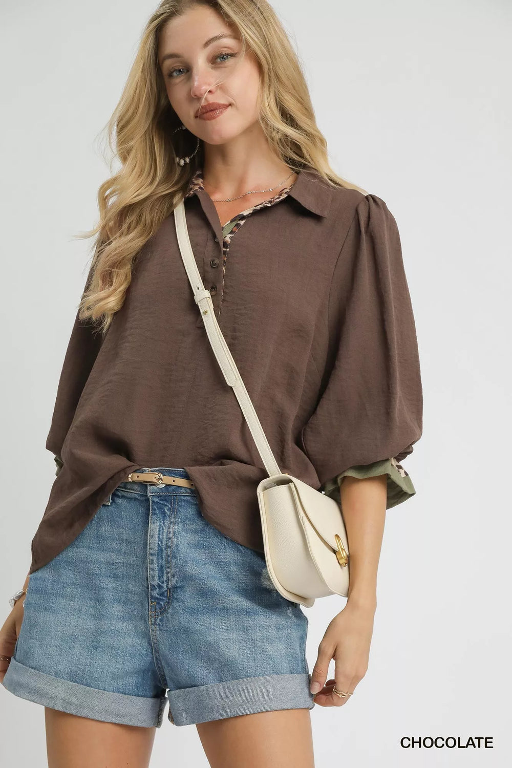 Umgee Half Button Blouse with Leopard Print Trim | Daverri Fashions