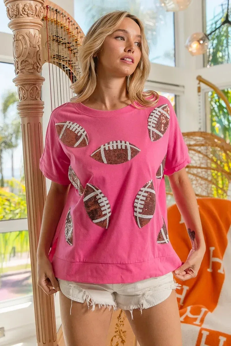 BiBi Game Day Sequins Patched Half Sleeves Top - DAVERRI FASHIONS