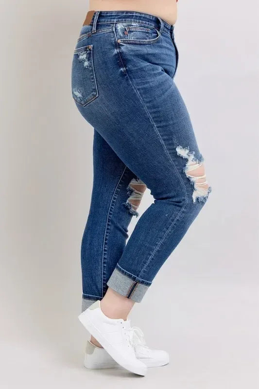 Judy Blue Full Size Mid Rise Boyfriend destroy Jeans with Yoke Pockets and Faux Selvedge Cuff Plus Size - DAVERRI FASHIONS