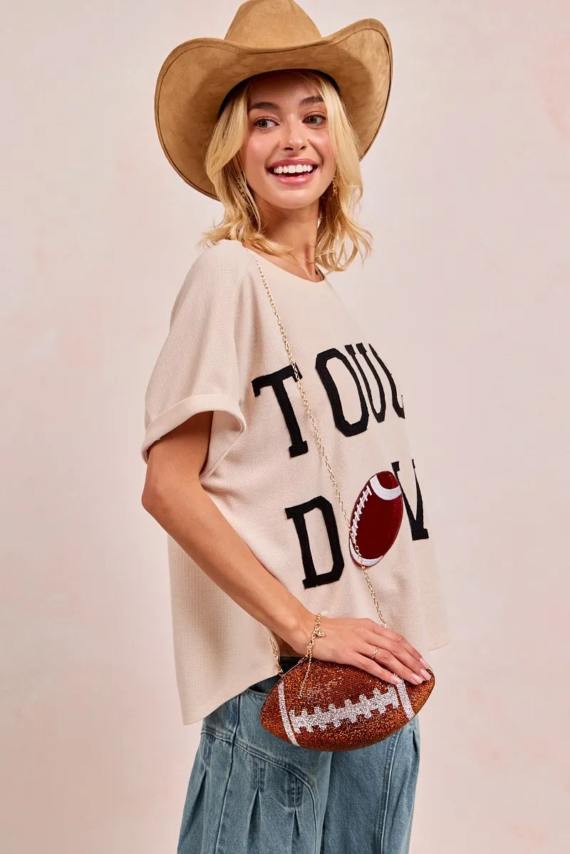 BiBi Game Day Touchdown Letter Patches Waffle Short Top | Tops Daverri Fashions