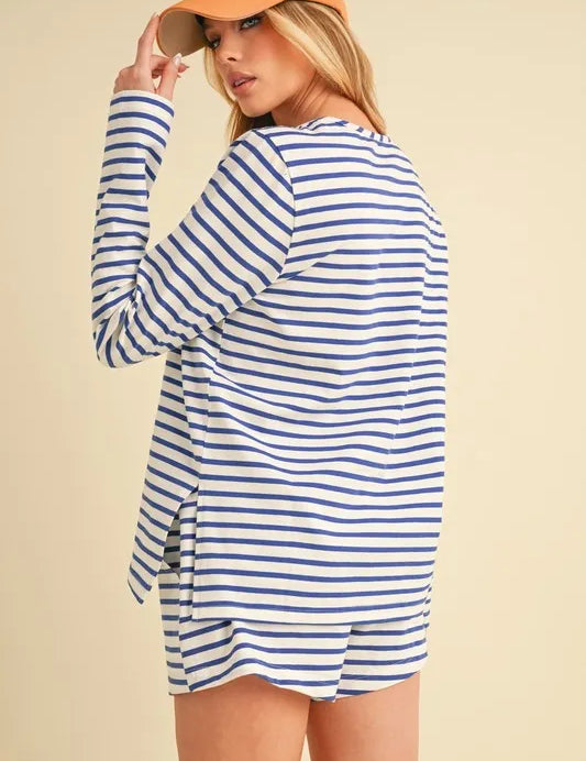 BLUE Aemi+Co Drawstring Contrast Striped Shorts | Daverri Fashions