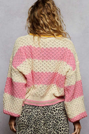 POL Contrast Striped Round Neck Sweater with Textured Cable Knit Pattern | Sweaters Daverri Fashions